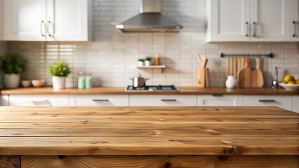 An uncluttered wooden table bathed in the warm glow of a blurred kitchen. The design evokes a sense of hospitality and is perfect for setting the stage for your next meal.