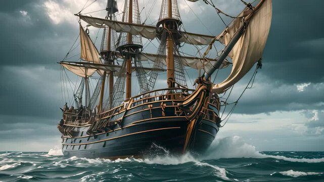 Video footage of old-fashioned sailing ship with multiple masts and billowing sails navigating through turbulent ocean waters under a stormy sky