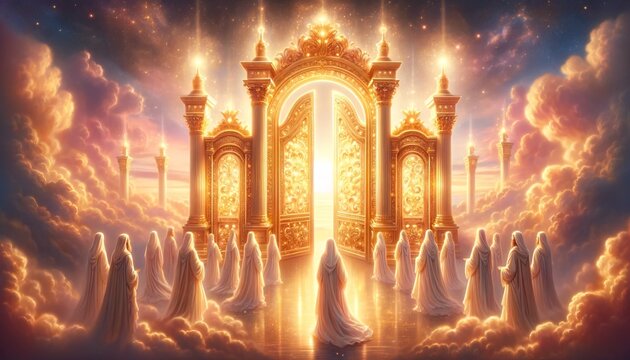 The golden gate in the clouds at the entrance to the Kingdom of Heaven and the righteous near the gate