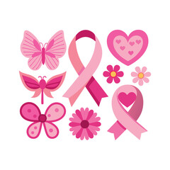 A set of pink ribbon, flowers, butterflies and hearts breast cancer awareness elements vector design illustration