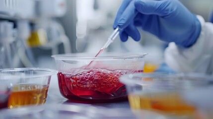 Close-up of a red liquid sample being analyzed in a laboratory using scientific equipment and