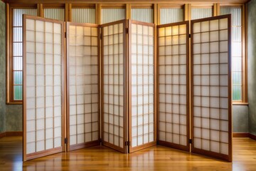 Elegant exotic shoji screen with translucent rice paper panels and natural wood frame adds serene Japanese-inspired ambiance to modern interior design spaces.