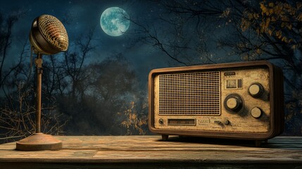 A microphone and an old radio are on a table in front of a moon