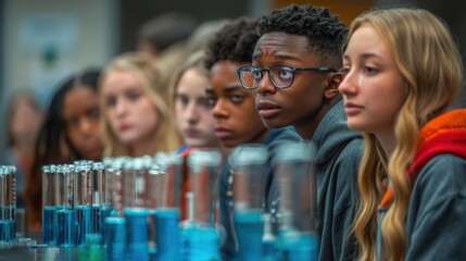 Futuristic High-Tech Classroom: Diverse Students Engaged in Science Experiment in Ultra-Realistic 4K