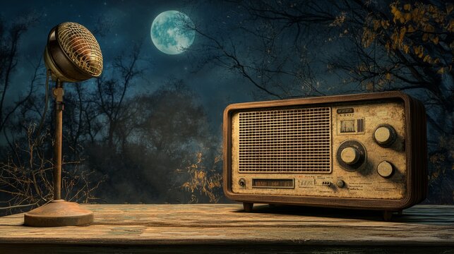 A microphone and an old radio are on a table in front of a moon