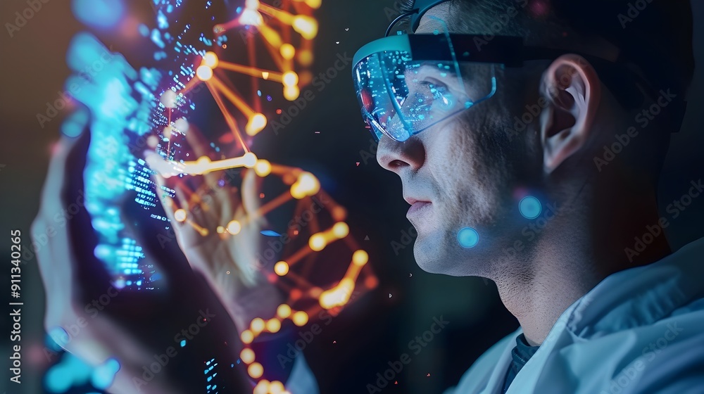 Aufkleber man exploring futuristic virtual reality technology with headset and holographic display