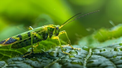 Closeup of Green Grasshopper Perching on Wet Leaf in Lush Nature Setting