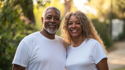 Obraz premium Senior Couple Smiling Outdoors in Matching White T-Shirts