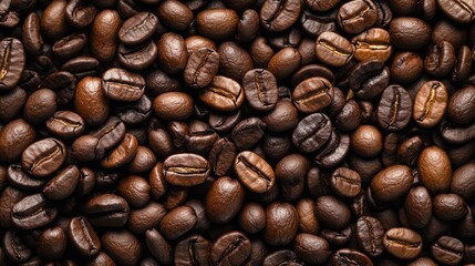 Close-up of coffee beans in various shades of brown, some falling in different directions, on a dark brown background.