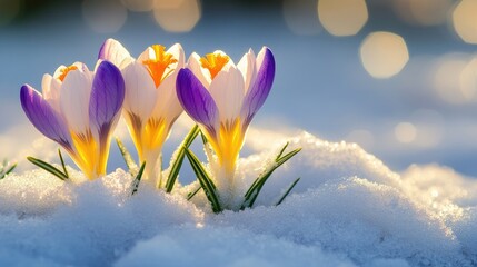 Close-up of crocuses emerging through the snow, creating a beautiful contrast between the flowers and the white background.