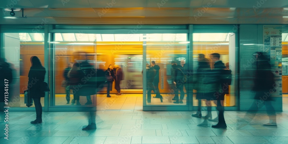 Poster a group of people are walking in front of a train station