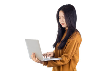 Young Asian woman working on laptop computer isolated on white background with clipping path.