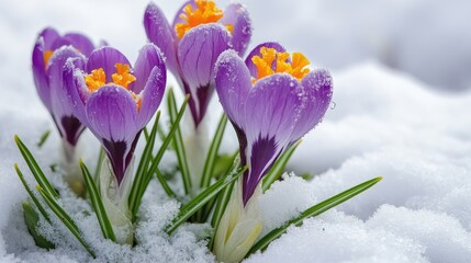Close-up of crocuses growing through the snow, showcasing their vibrant colors against the white background.