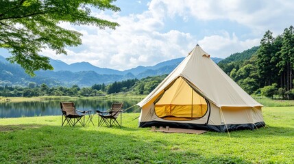 A tent is set up by a serene lake, surrounded by mountains, offering a tranquil space with outdoor furniture for relaxation at sunset