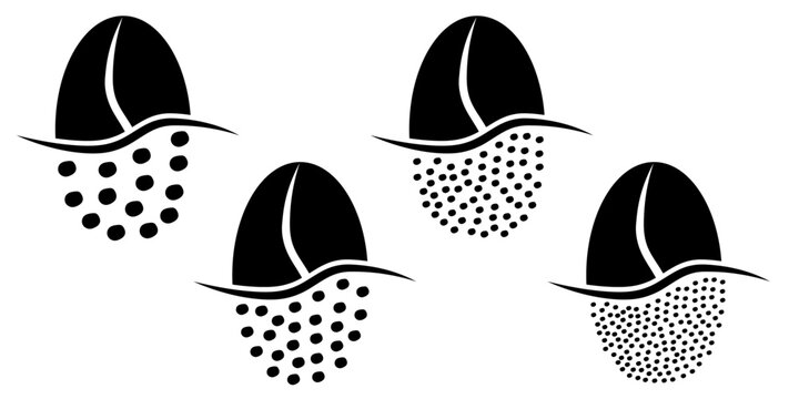 Cartoon roasted coffee beans pictogram. Coffee bean grind, size chart grains. For mug or cup. For coffee percolator. Coarse, medium or fine progress bar, loading. Manual coffee grinder.