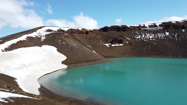 Viti crater geothermal lake and Oskjuvatn lake in Askja caldera, near Hverir Myvatn geothermal area, Iceland