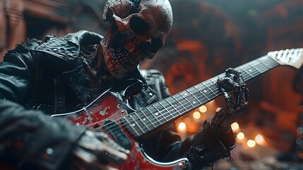 Naklejka premium Heavy Metal Guitarist Performing on Dark Concert Stage with Intense Moody Lighting
