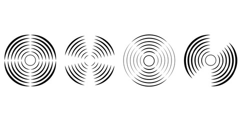 Set of circular ripple icons. Concentric circles with broken lines isolated on white background. Vortex, sonar wave, soundwave, sunburst, signal signs. Vector graphic illustration