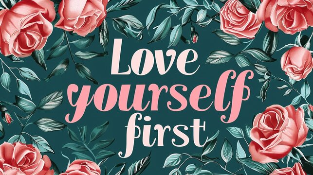 Naklejki text Love yourself first in style of wallpapper, roses in background