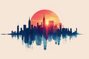 Obraz premium A minimalist city skyline outlined using negative space, set against a uniform solid color backdrop
