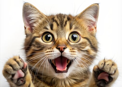 Adorable furry feline with bright eyes and open mouth appears to be laughing joyfully, showcasing playful and carefree personality.