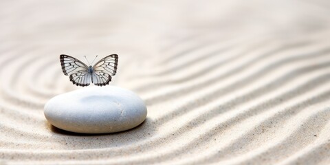 Zen stone with butterfly, butterfly on Zen stone, zen garden meditation stone background, and lines in the sand for relaxation balance harmony spirituality, or spa wellness.