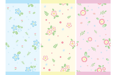 Set of three seamless pattern with flowers and leafs. Cute flower