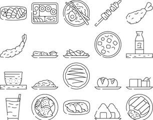 japanese food sushi japan icons set vector. sashimi asian menu, salmon dinner, delicious traditional, temaki roll, restaurant japanese food sushi japan black contour illustrations
