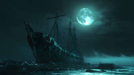 Obraz premium Ghost Ship Under a Spectral Moon: An eerie ghost ship run aground, bathed in the spectral glow of a full moon.