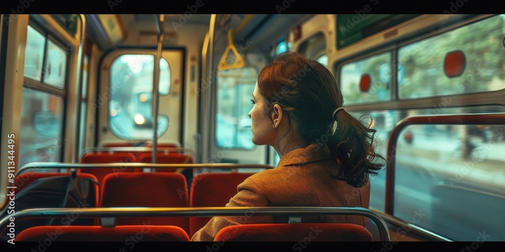 Poster A woman sits on a red seat on a bus