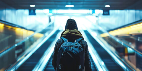 A man wearing a backpack is walking down an escalator