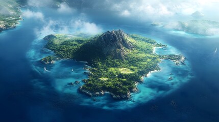 Obraz premium Secluded Tropical Island Paradise: A breathtaking aerial view of a lush, tropical island with pristine beaches, turquoise waters, and dramatic cliffs shrouded in clouds, evoking a sense of peace and e