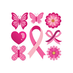 A set of pink ribbon, flowers, butterflies and hearts breast cancer awareness elements vector design illustration