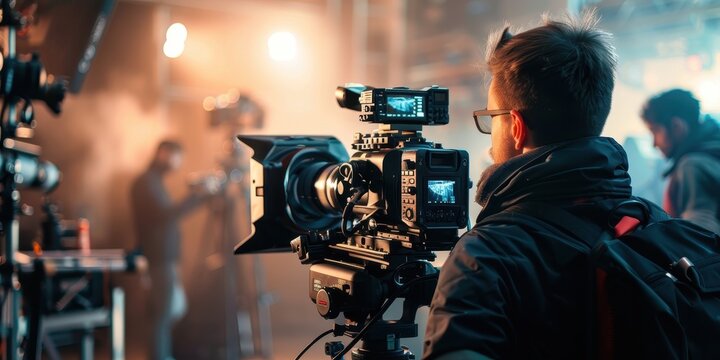 A man is filming a scene with a camera