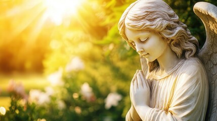 A white angel statue is sitting in a garden with pink flowers. The statue is looking up at the sky, and the flowers are in the foreground. Concept of peace and serenity