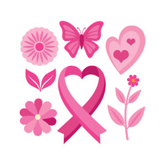 Fototapeta premium A set of pink ribbon, flowers, butterflies and hearts breast cancer awareness elements vector design illustration