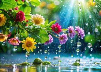 Sparkling raindrops fall gently on lush green leaves and vibrant flowers, refreshing the summer atmosphere with cool, crystal-clear water and renewed vitality.