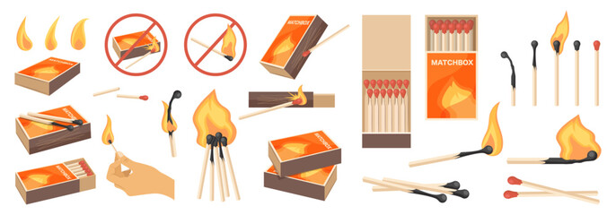 Matches set. Burning match with fire, match charcoal set