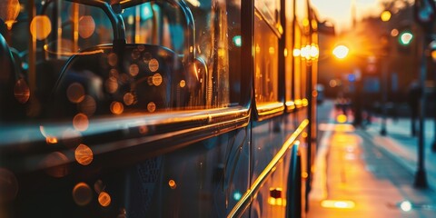 A bus is parked on a street at sunset