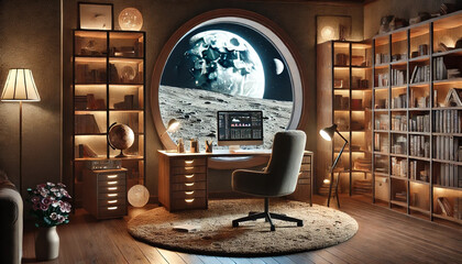 Serene home office setup on the moon with a computer on a desk, surrounded by bookshelves and ambient lighting. The view from the window shows the moon's surface and Earth, creating a peaceful and c