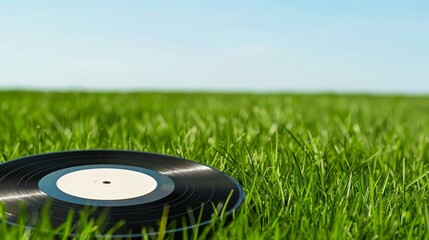A vinyl record with a blank label, placed on a neon green and yellow background. The vibrant neon light provides clear copy space. The lighting is smooth and diffused, creating a modern lookd