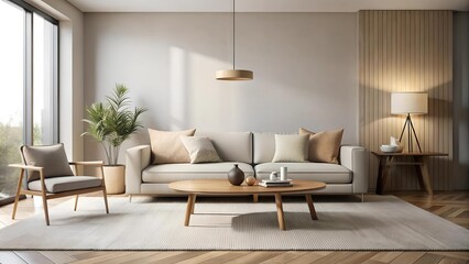 Fototapeta premium Serene Minimalism: A Modern Living Room Embracing Tranquility Generative AI