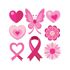 A set of pink ribbon, flowers, butterflies and hearts breast cancer awareness elements vector design illustration
