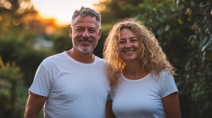 Smiling Middle-Aged Couple Enjoying Outdoor Sunset in White T-Shirts