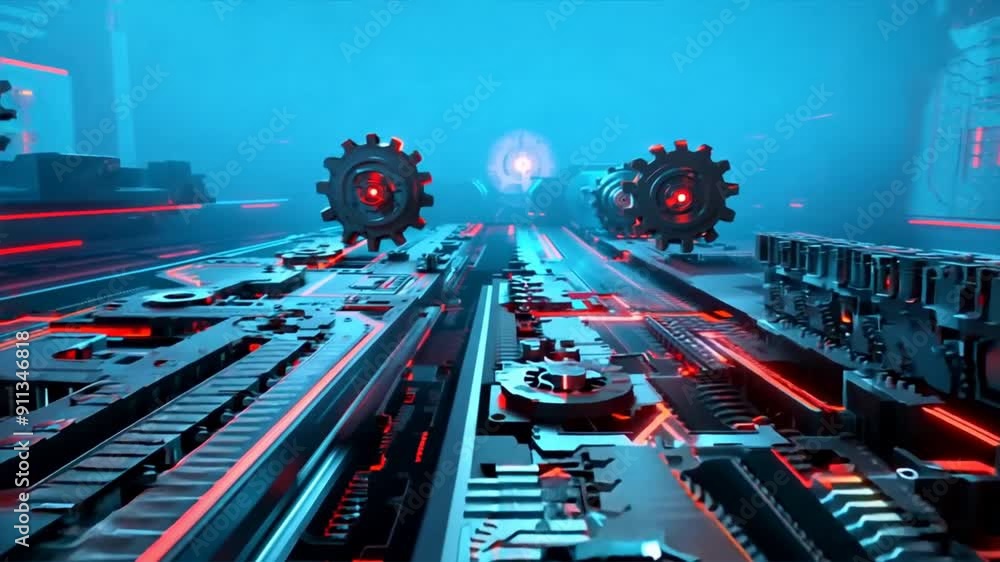 Poster background with interconnected gears and digital elements, illustrating innovation