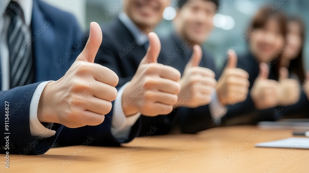 Wall mural A group of people are giving thumbs up to each other. Concept of positivity and teamwork