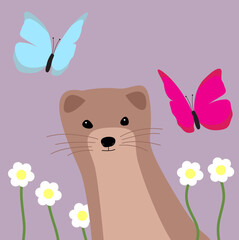 Illustration of a cute mink on a purple background.