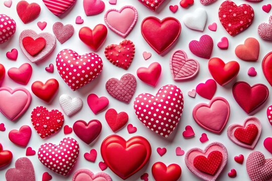 Vibrant pink and red hearts of various shapes and sizes set against a soft, white background, perfect for romantic Valentine's Day greeting cards and love notes. - Powered by Adobe