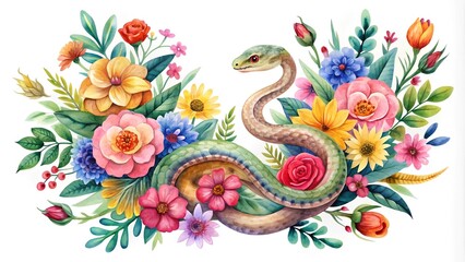 Serpentine Symphony: A Whimsical Watercolor Snake in a Blooming Garden  Generative AI