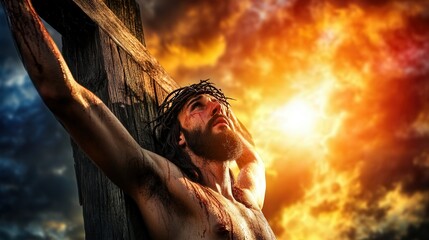 A man is crucified with a cross on his back